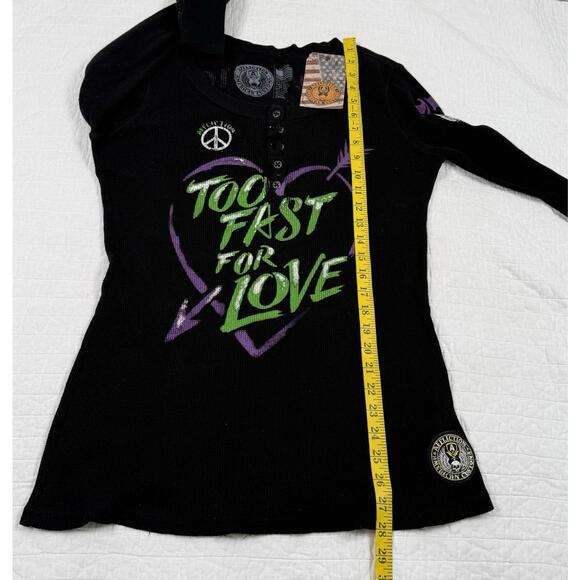 Affliction Long Sleeve Thermal Top Large Black Too Fast For Love Peace Graphic - Picture 4 of 6